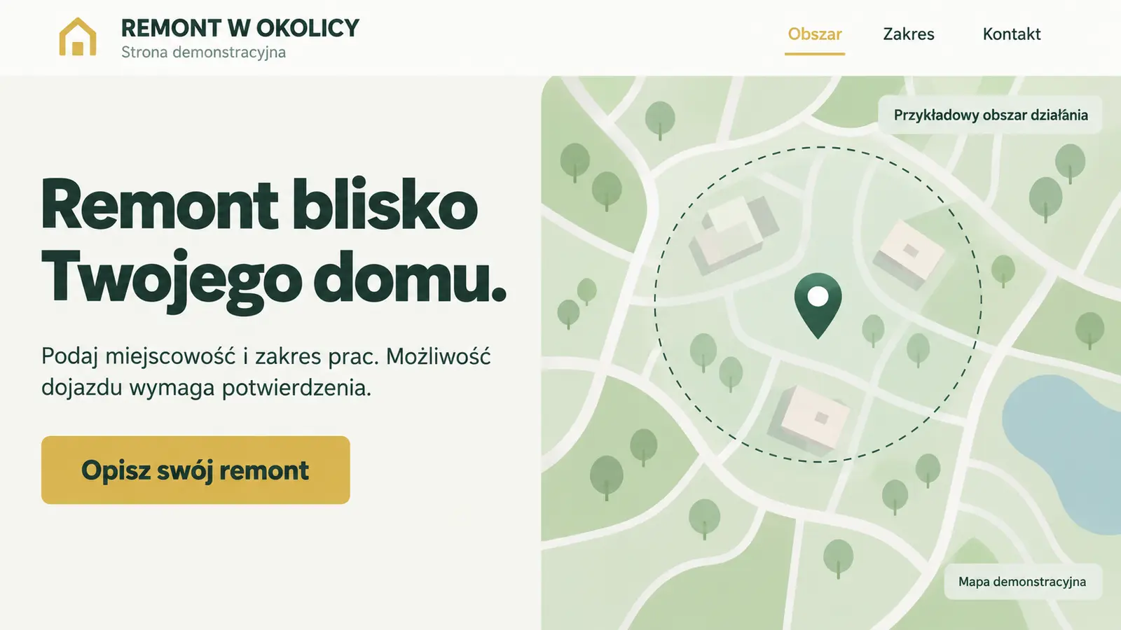 Projekt szablonu Lokalny dla firmy remontowej — sekcja Obszar działania