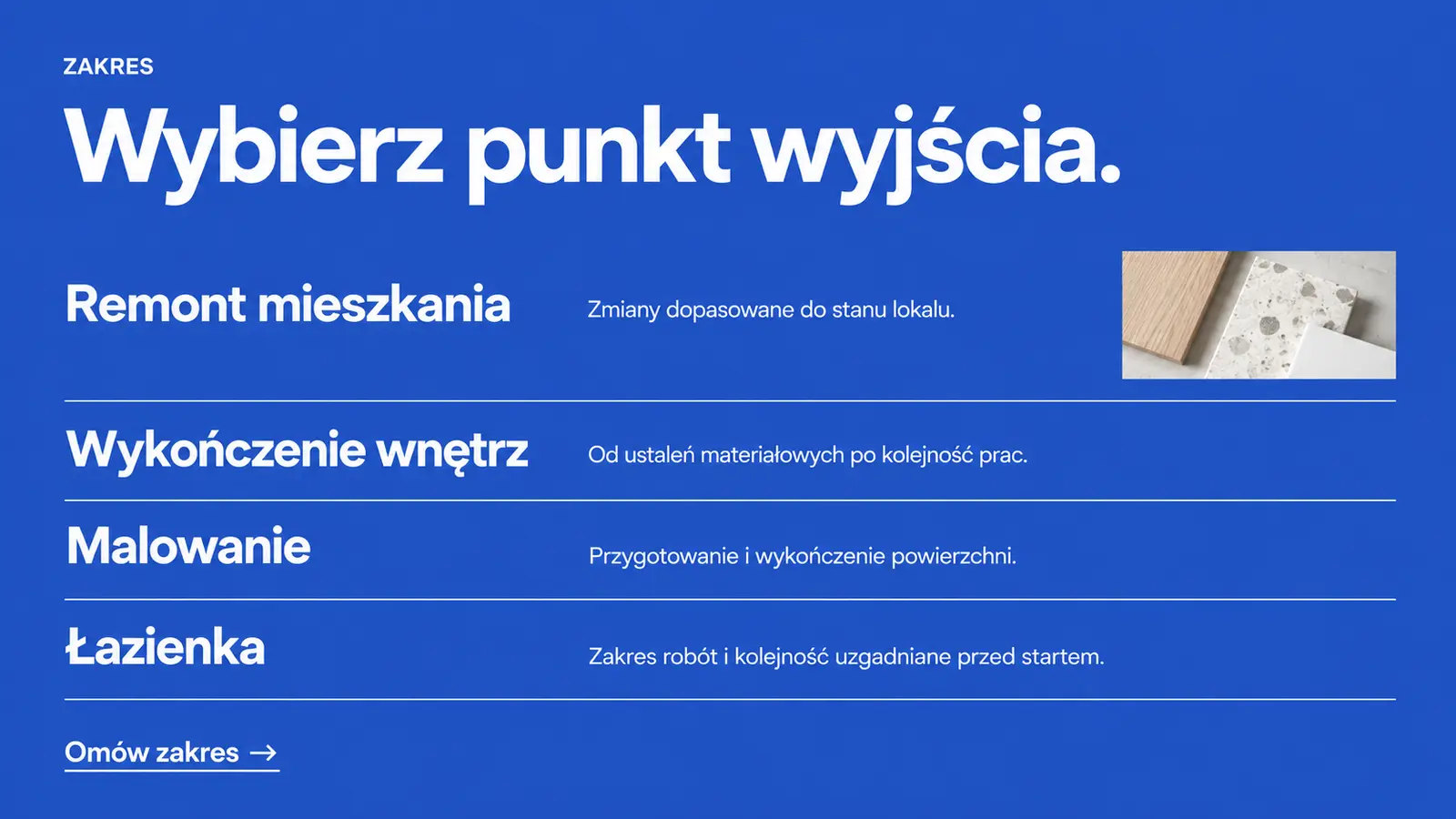 Projekt szablonu Nowoczesny dla firmy remontowej — sekcja Lista prac