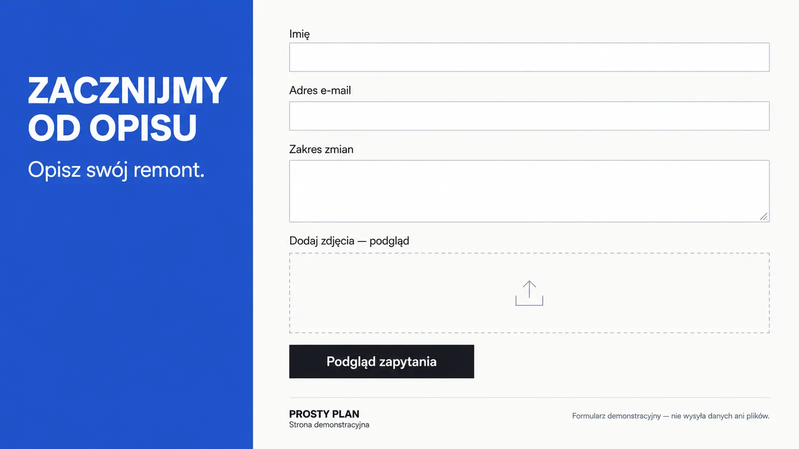 Projekt szablonu Nowoczesny dla firmy remontowej — sekcja Formularz ze zdjęciami
