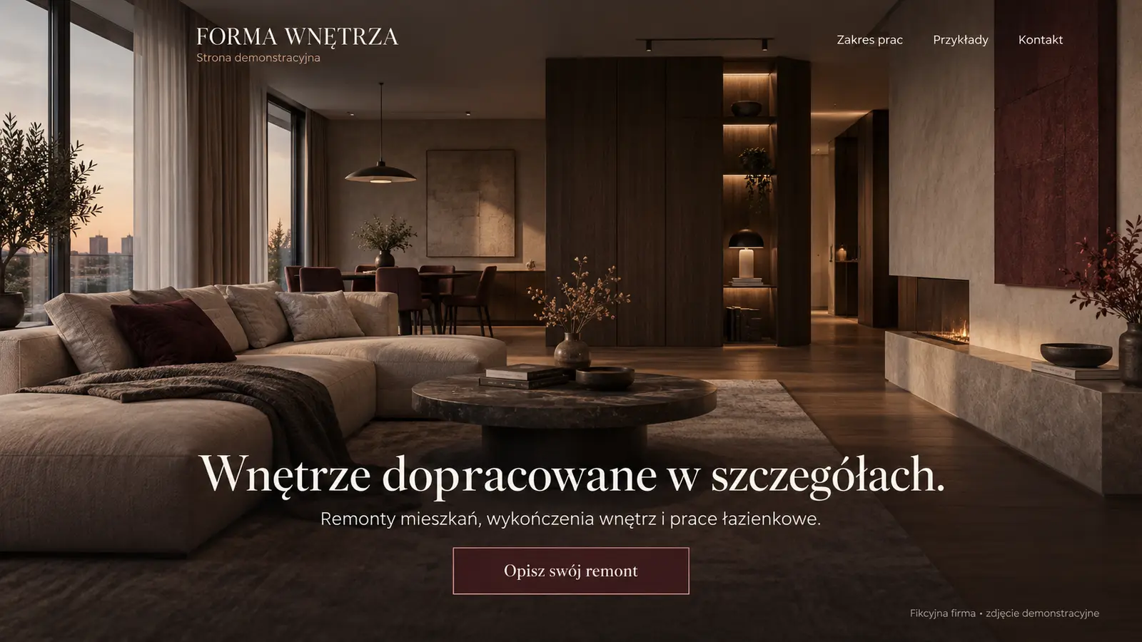 Projekt szablonu Premium dla firmy remontowej — sekcja Otwarcie z wnętrzem
