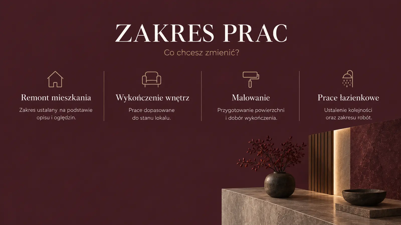 Projekt szablonu Premium dla firmy remontowej — sekcja Zakres remontu