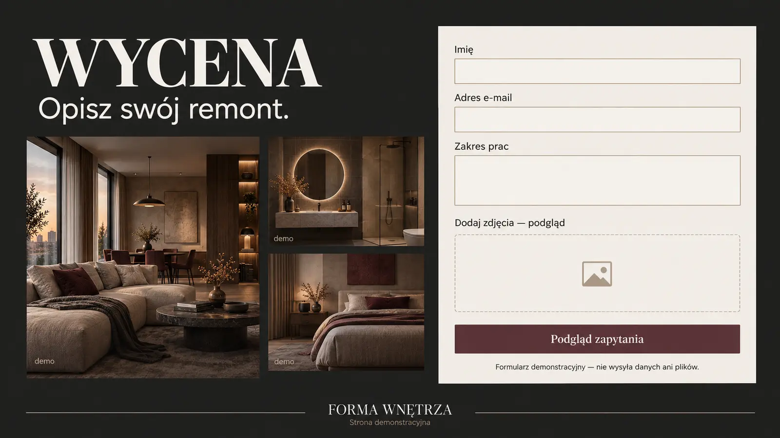 Projekt szablonu Premium dla firmy remontowej — sekcja Zapytanie ze zdjęciami