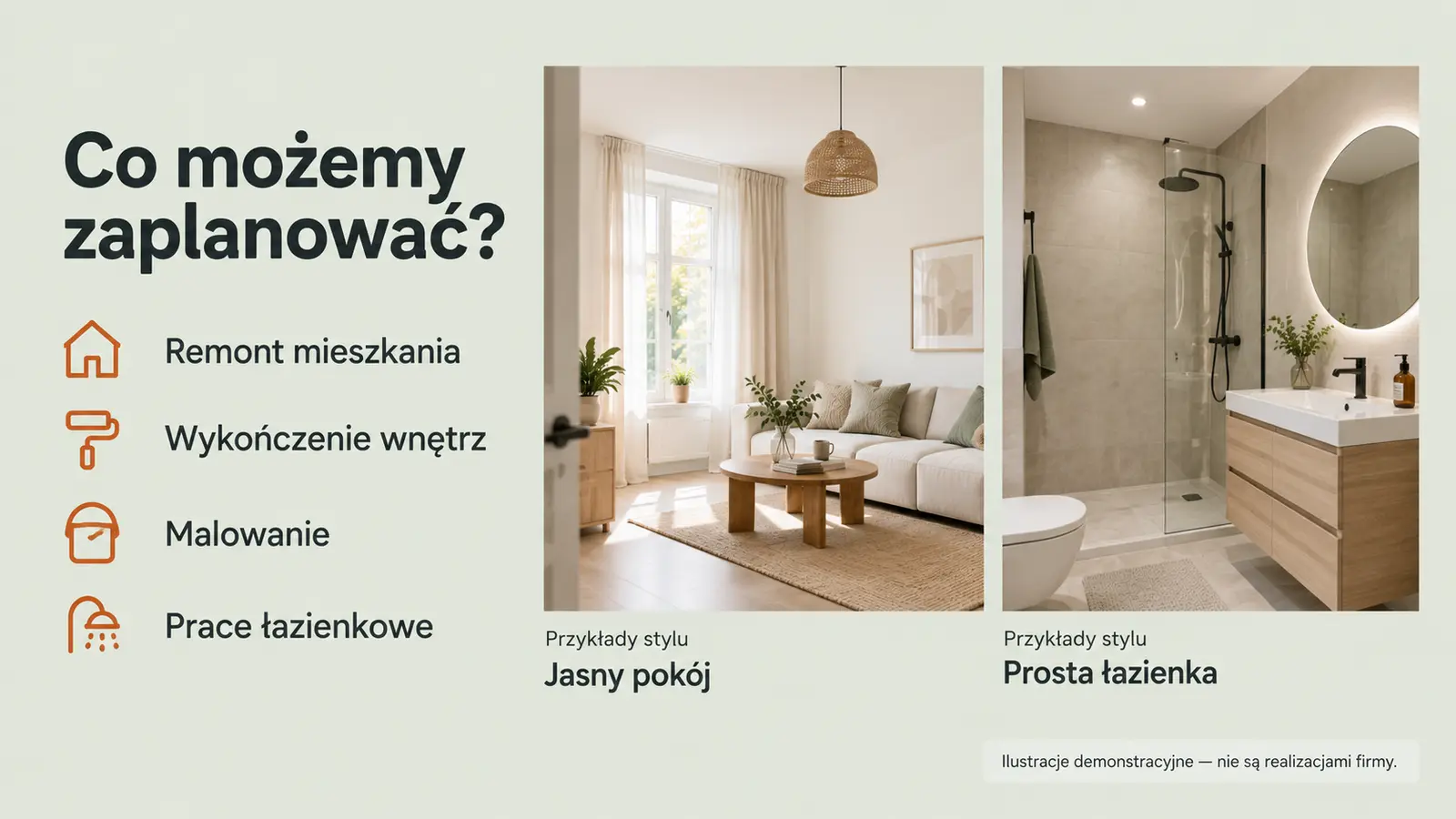 Projekt szablonu Wizytówka dla firmy remontowej — sekcja Zakres i przykłady