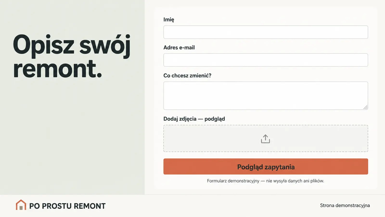 Projekt szablonu Wizytówka dla firmy remontowej — sekcja Zapytanie
