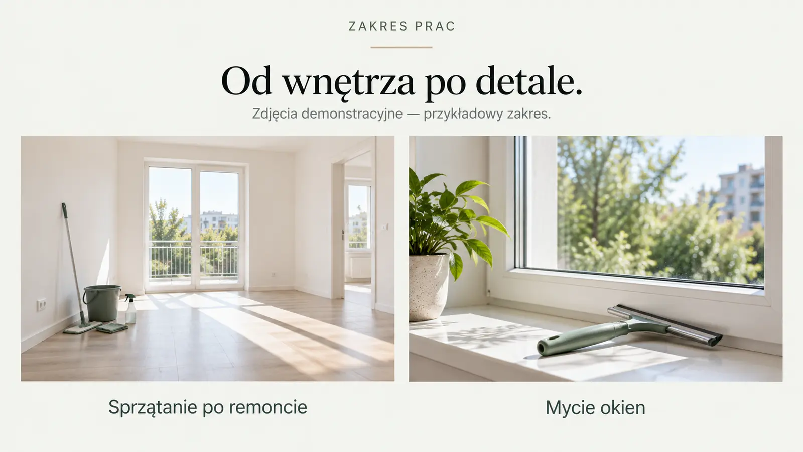 Projekt szablonu Galeria dla firmy sprzątającej — sekcja Po remoncie i okna