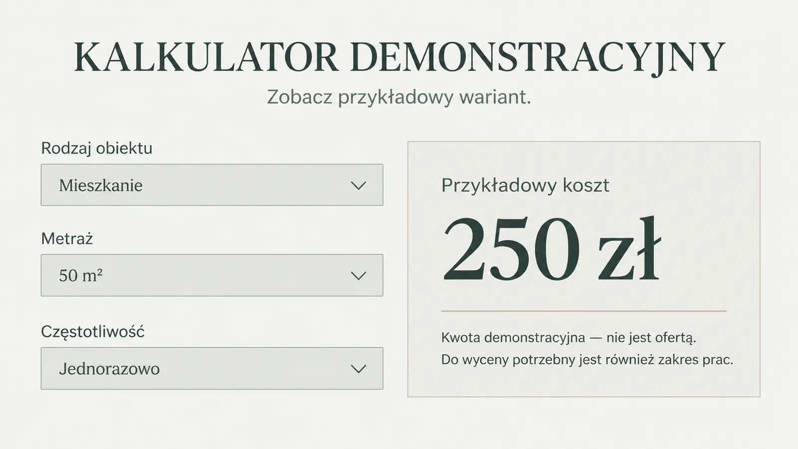 Projekt szablonu Galeria dla firmy sprzątającej — sekcja Parametry i kalkulator