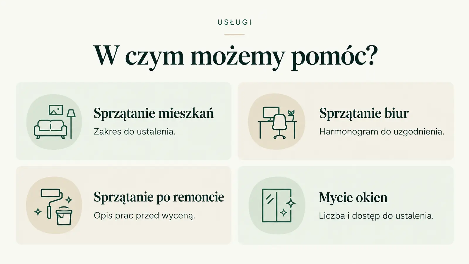 Projekt szablonu Klasyczny dla firmy sprzątającej — sekcja Usługi