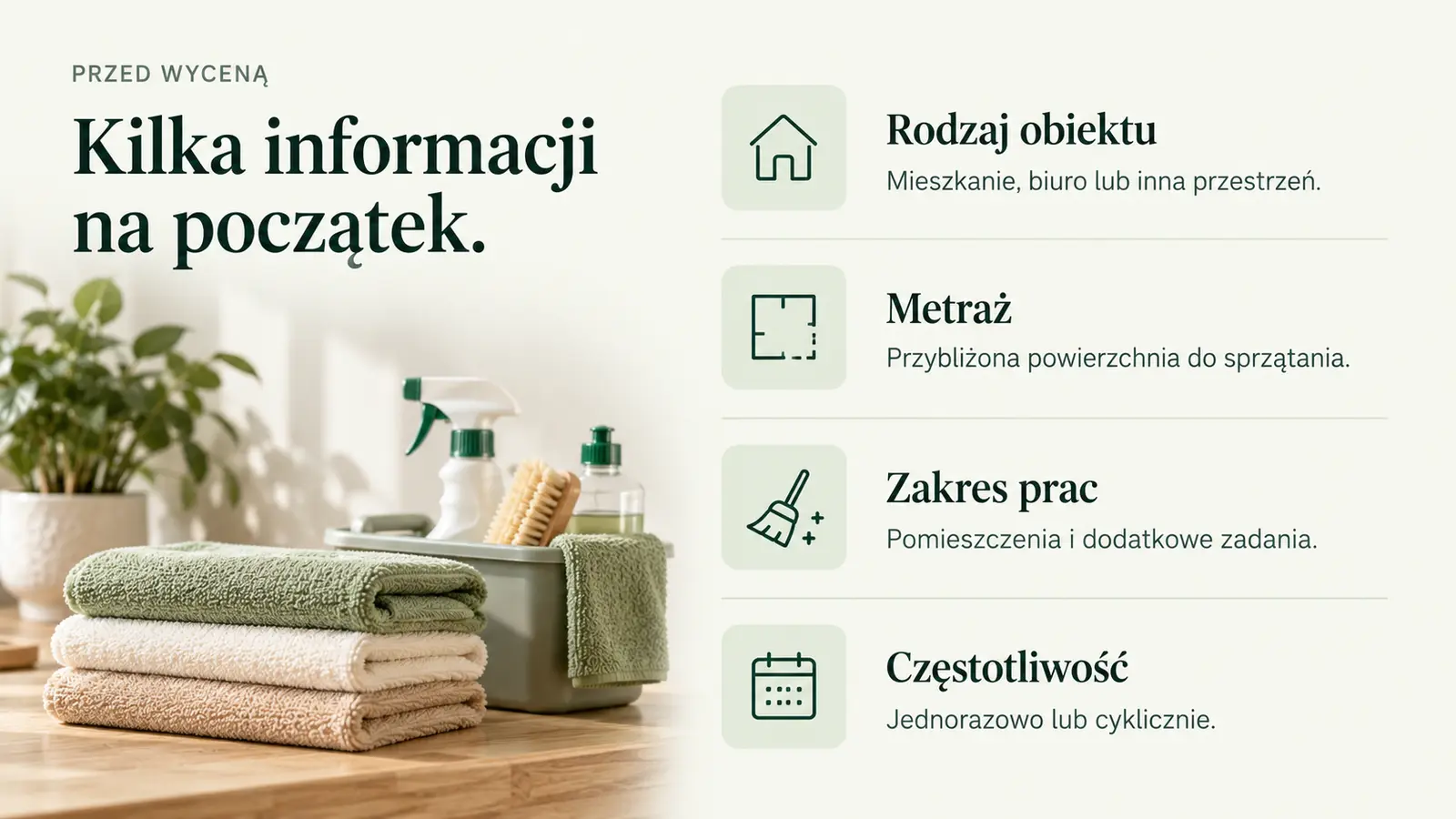 Projekt szablonu Klasyczny dla firmy sprzątającej — sekcja Parametry wyceny