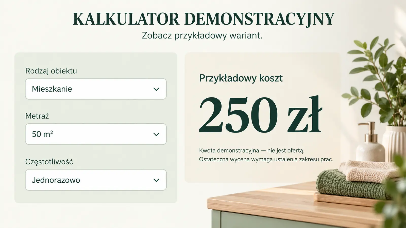 Projekt szablonu Klasyczny dla firmy sprzątającej — sekcja Kalkulator