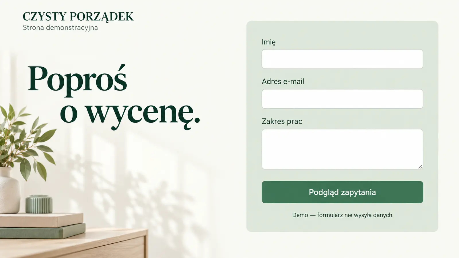 Projekt szablonu Klasyczny dla firmy sprzątającej — sekcja Zapytanie o wycenę