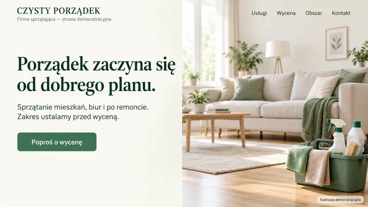 Projekt szablonu Klasyczny dla branży Firma sprzątająca — pierwszy ekran