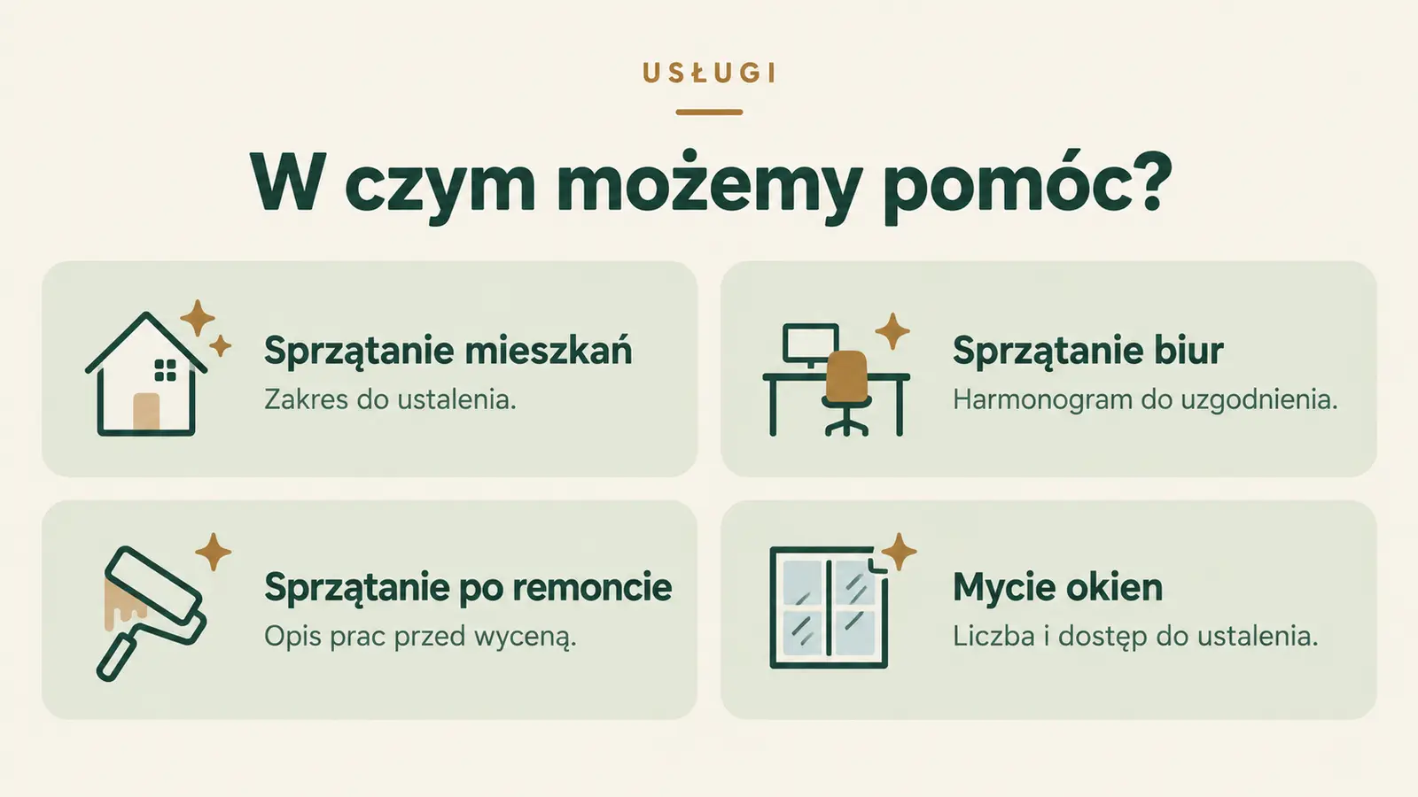 Projekt szablonu Lokalny dla firmy sprzątającej — sekcja Usługi