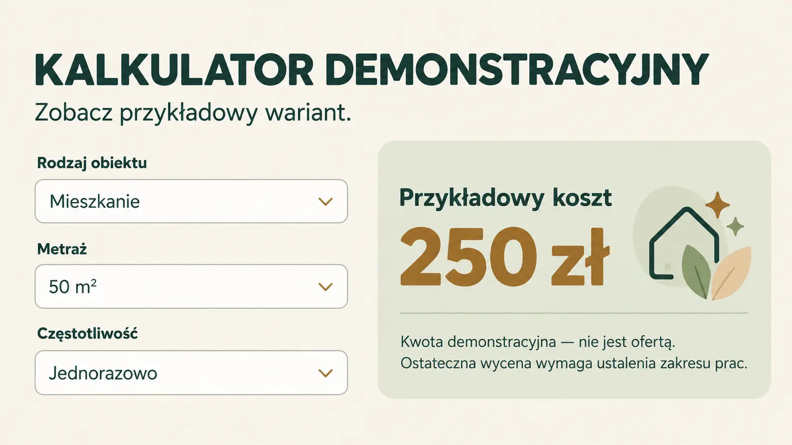 Projekt szablonu Lokalny dla firmy sprzątającej — sekcja Kalkulator