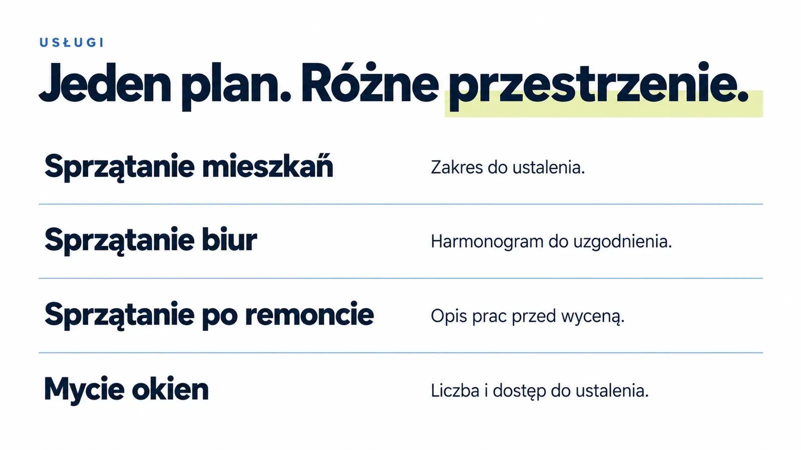 Projekt szablonu Nowoczesny dla firmy sprzątającej — sekcja Zakres usług