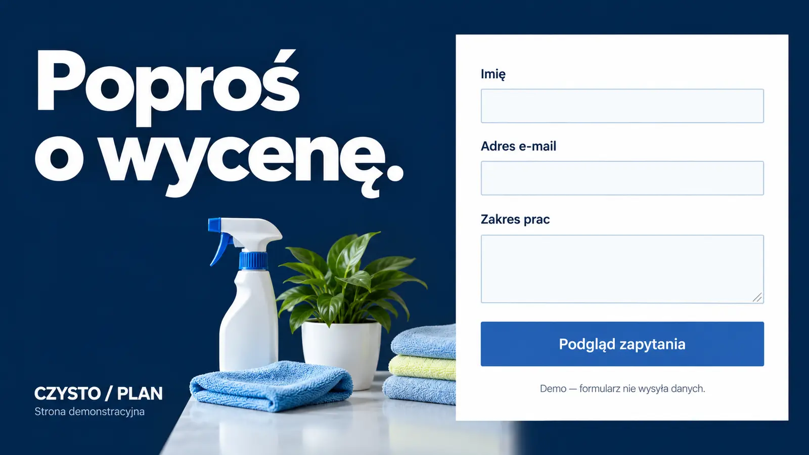 Projekt szablonu Nowoczesny dla firmy sprzątającej — sekcja Zapytanie