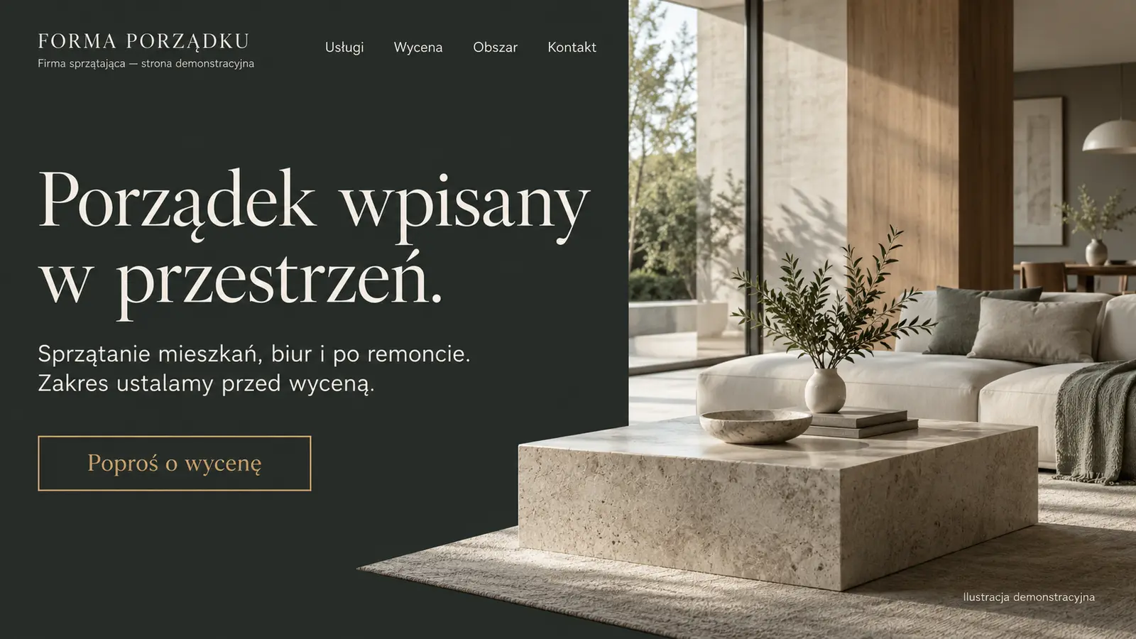 Projekt szablonu Premium dla firmy sprzątającej — sekcja Premium otwarcie