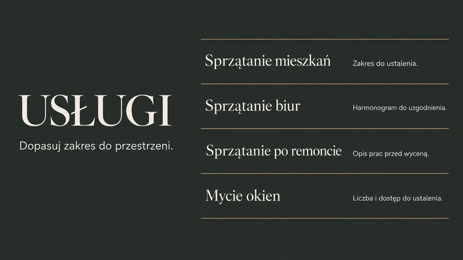Projekt szablonu Premium dla firmy sprzątającej — sekcja Zakres usług