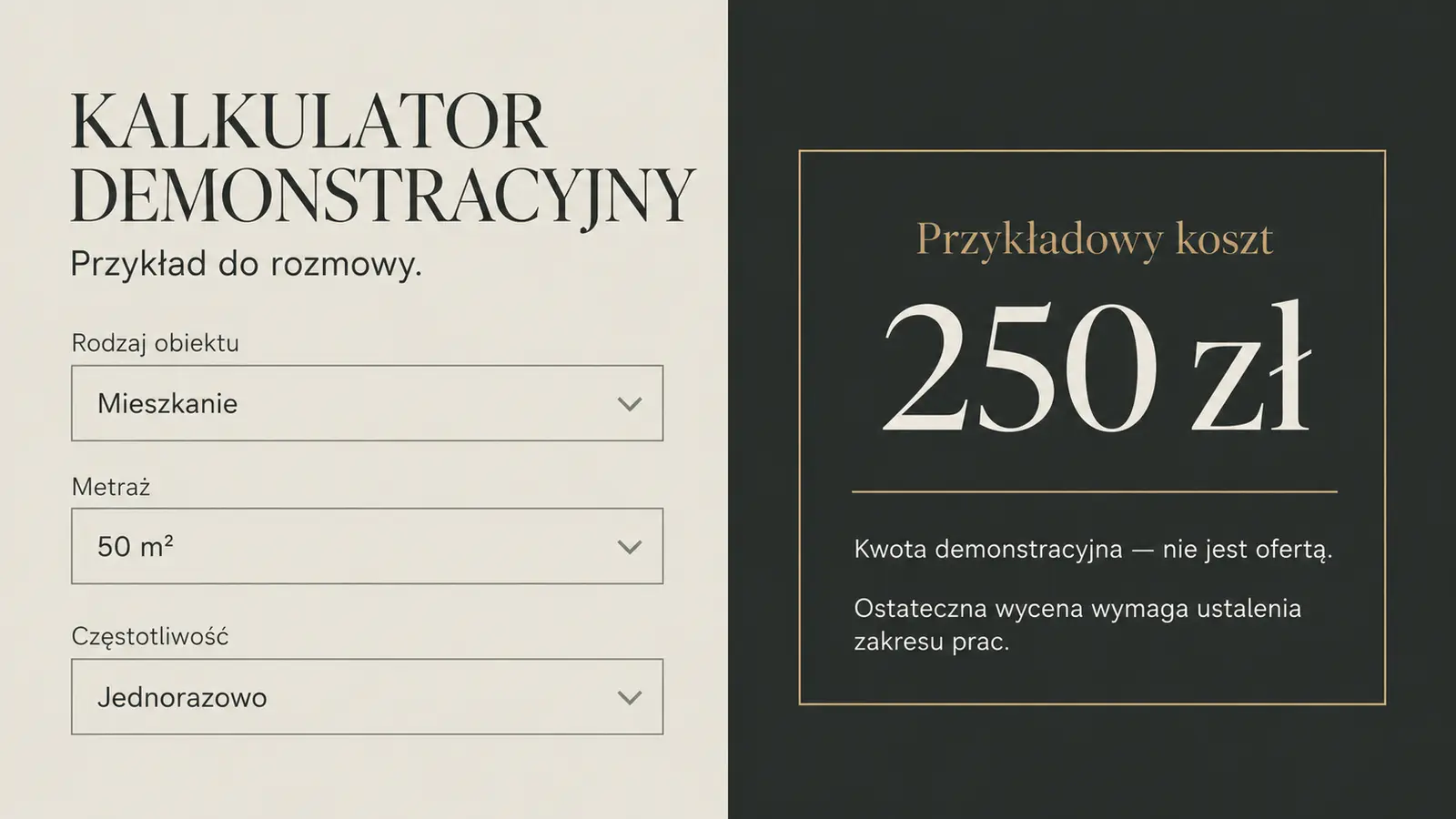 Projekt szablonu Premium dla firmy sprzątającej — sekcja Wycena