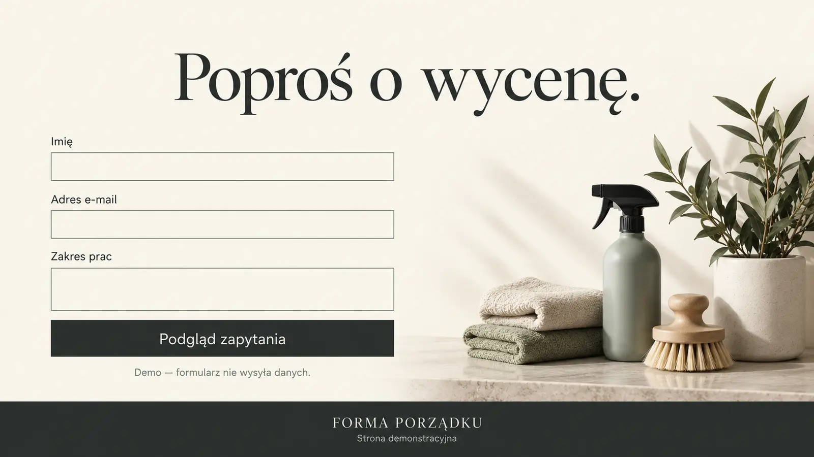 Projekt szablonu Premium dla firmy sprzątającej — sekcja Zapytanie o wycenę