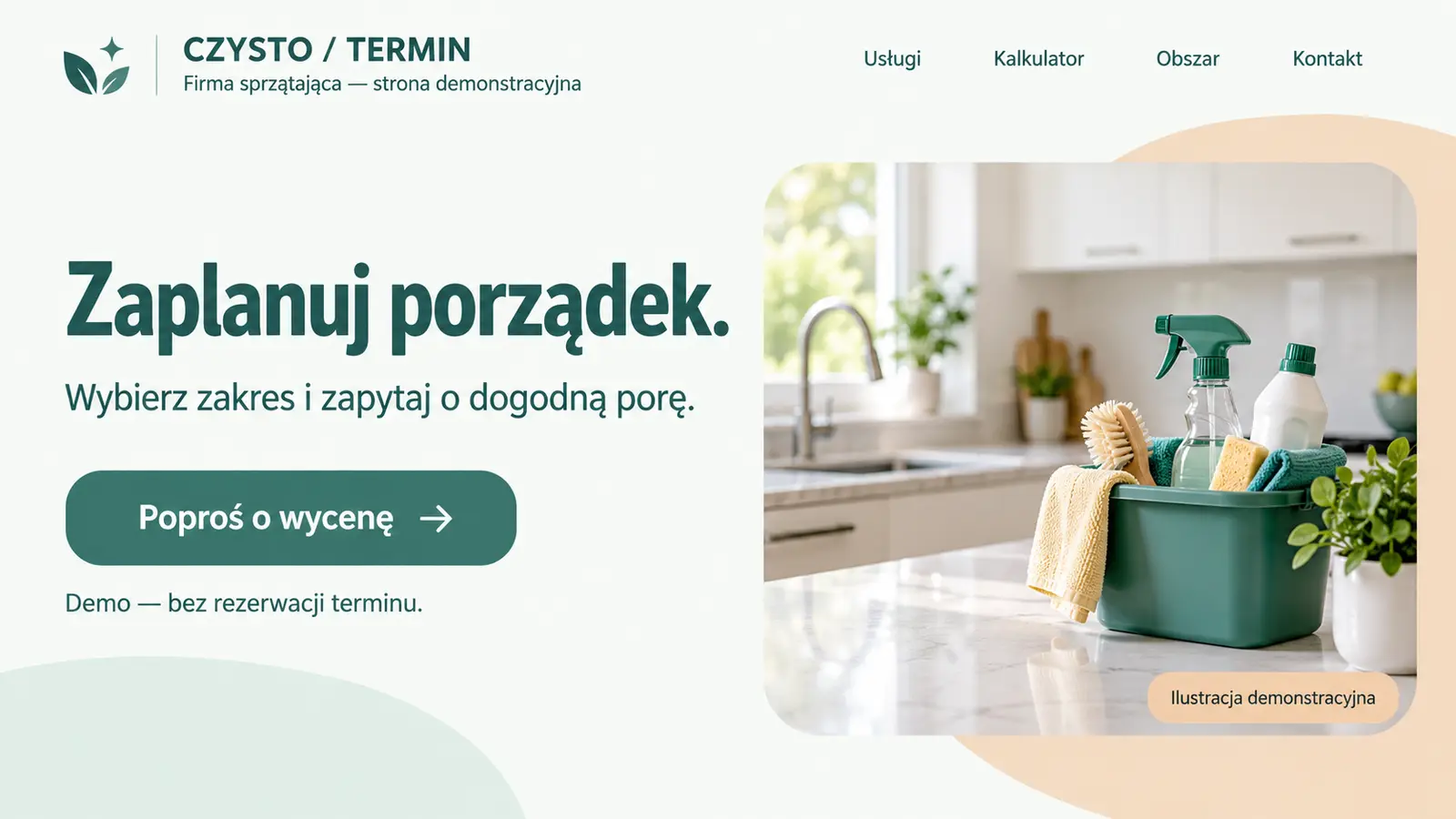 Projekt szablonu Rezerwacje dla firmy sprzątającej — sekcja Wybór usługi