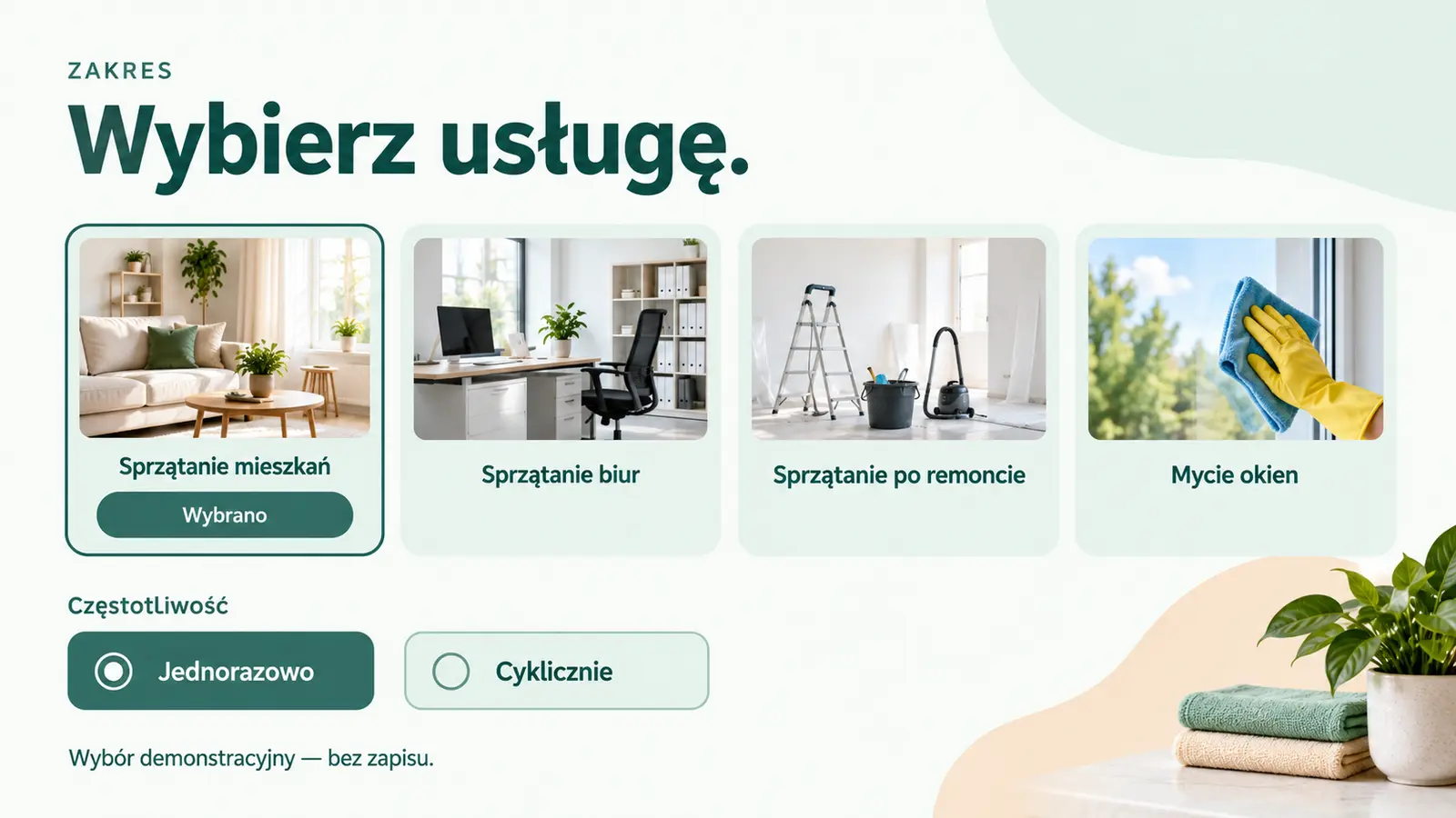 Projekt szablonu Rezerwacje dla firmy sprzątającej — sekcja Usługa i częstotliwość