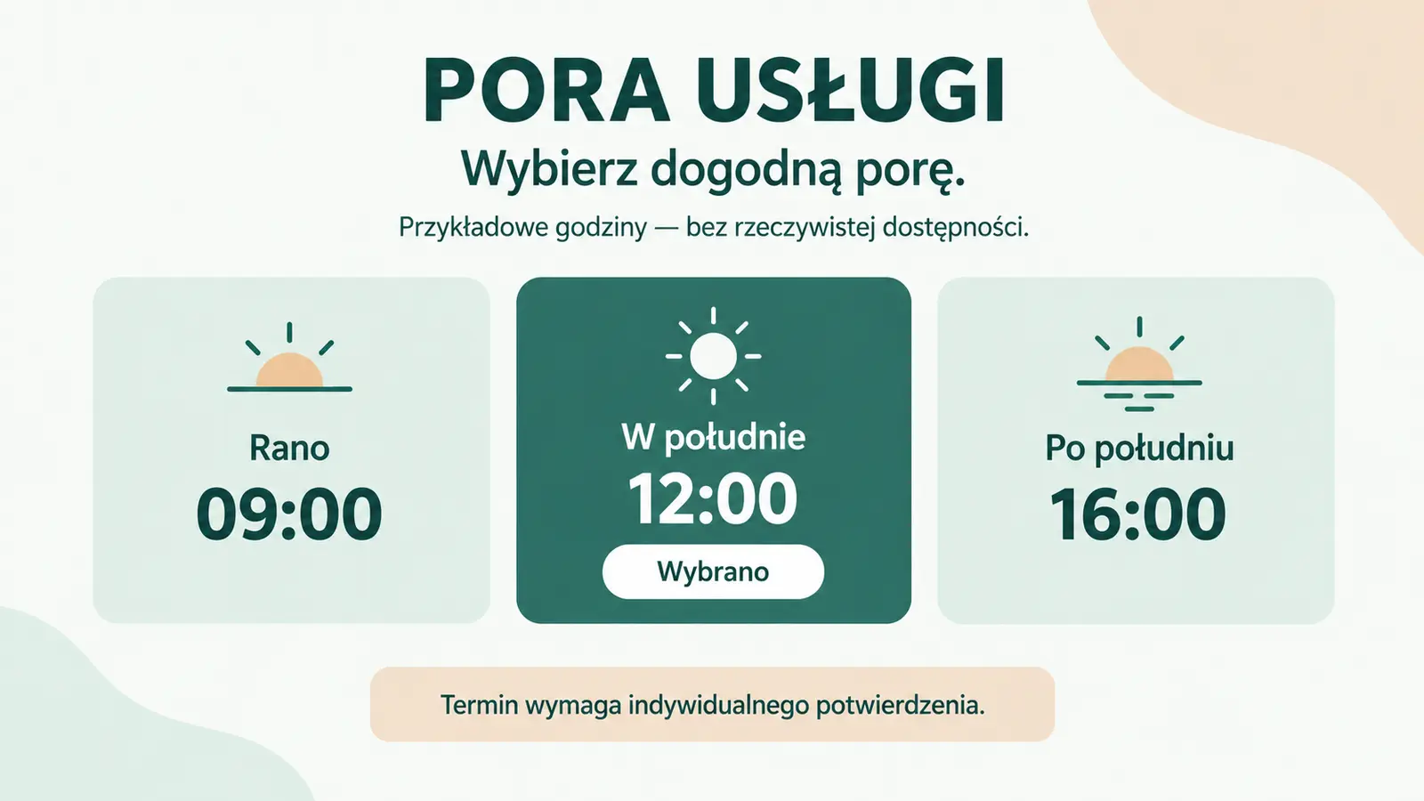 Projekt szablonu Rezerwacje dla firmy sprzątającej — sekcja Pora