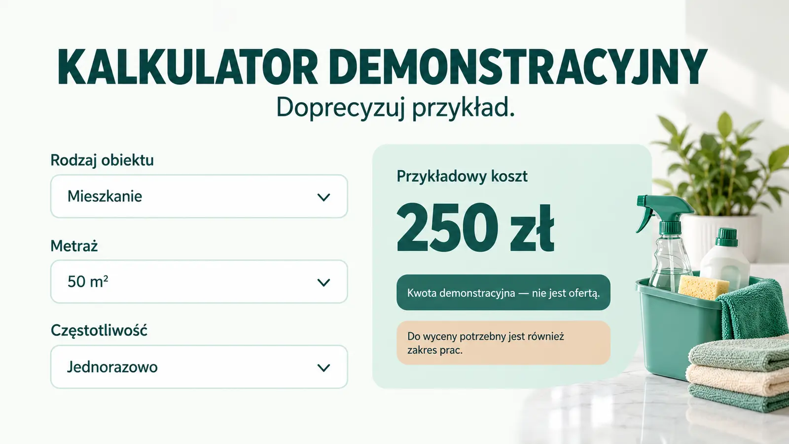 Projekt szablonu Rezerwacje dla firmy sprzątającej — sekcja Kalkulator