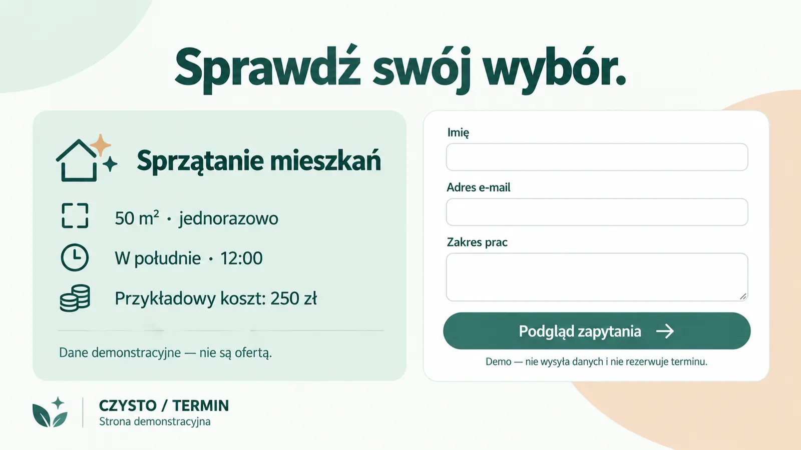 Projekt szablonu Rezerwacje dla firmy sprzątającej — sekcja Podsumowanie zapytania