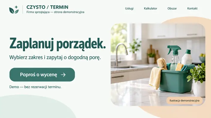 Projekt szablonu Rezerwacje dla branży Firma sprzątająca — pierwszy ekran