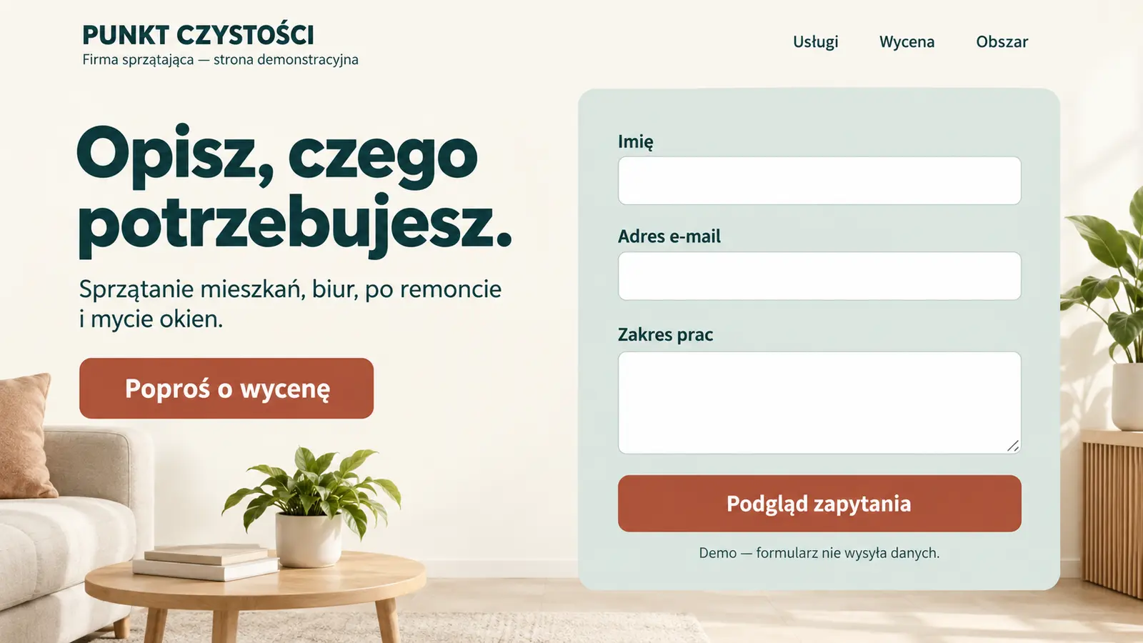 Projekt szablonu Szybki kontakt dla firmy sprzątającej — sekcja Kontakt od razu