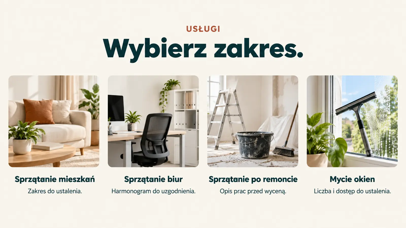Projekt szablonu Szybki kontakt dla firmy sprzątającej — sekcja Szybki wybór zakresu