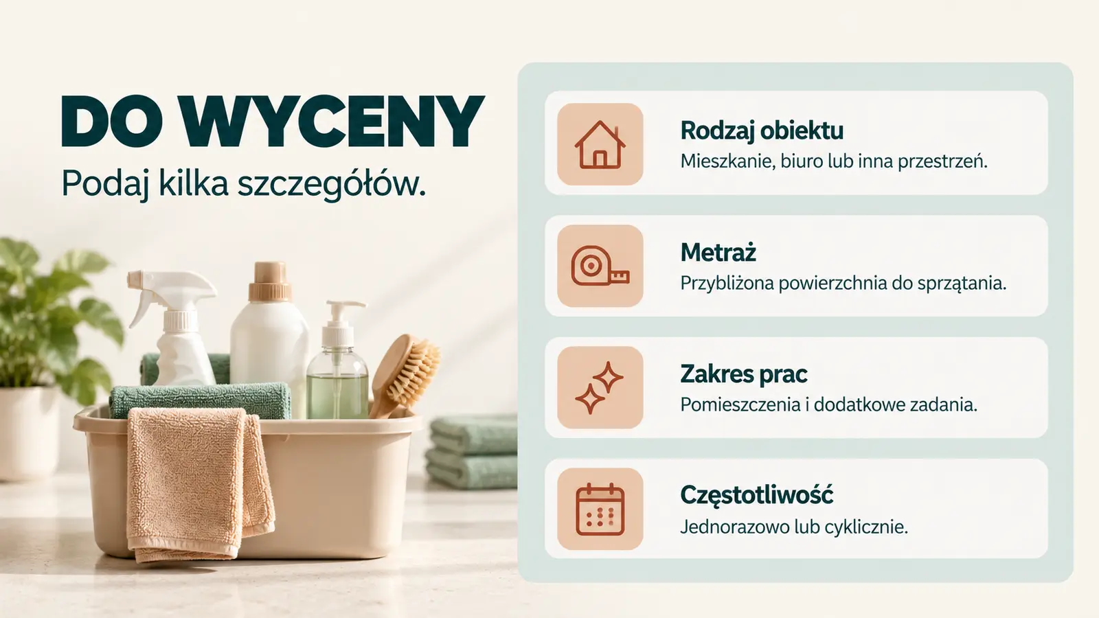Projekt szablonu Szybki kontakt dla firmy sprzątającej — sekcja Informacje do zapytania