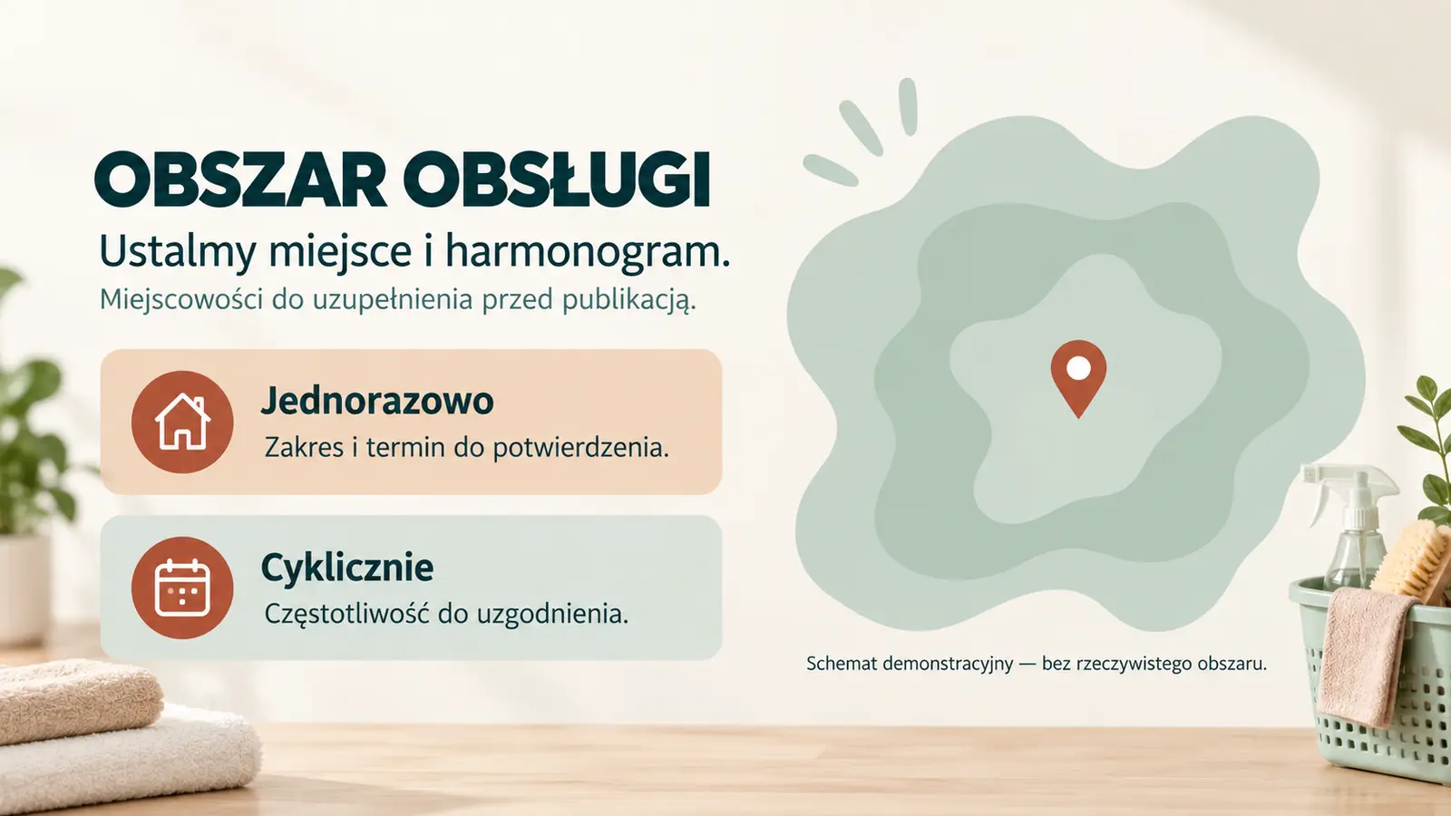Projekt szablonu Szybki kontakt dla firmy sprzątającej — sekcja Miejsce i harmonogram