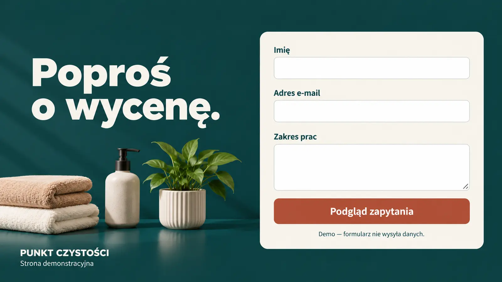Projekt szablonu Szybki kontakt dla firmy sprzątającej — sekcja Końcowe zapytanie