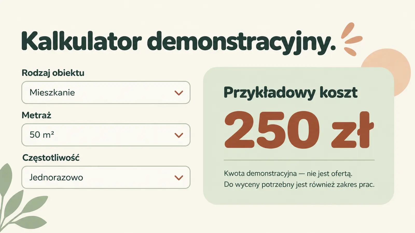 Projekt szablonu Wizytówka dla firmy sprzątającej — sekcja Parametry i przykład