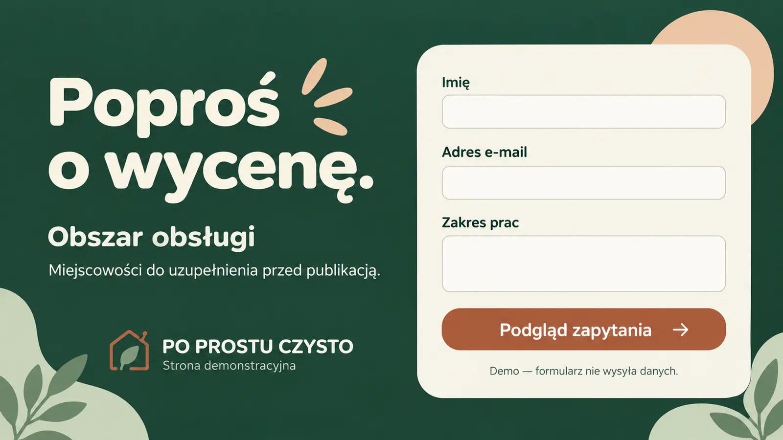Projekt szablonu Wizytówka dla firmy sprzątającej — sekcja Obszar i kontakt