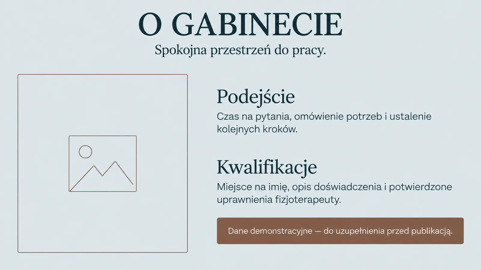 Projekt szablonu Ekspert dla fizjoterapeuty — sekcja Podejście i kwalifikacje