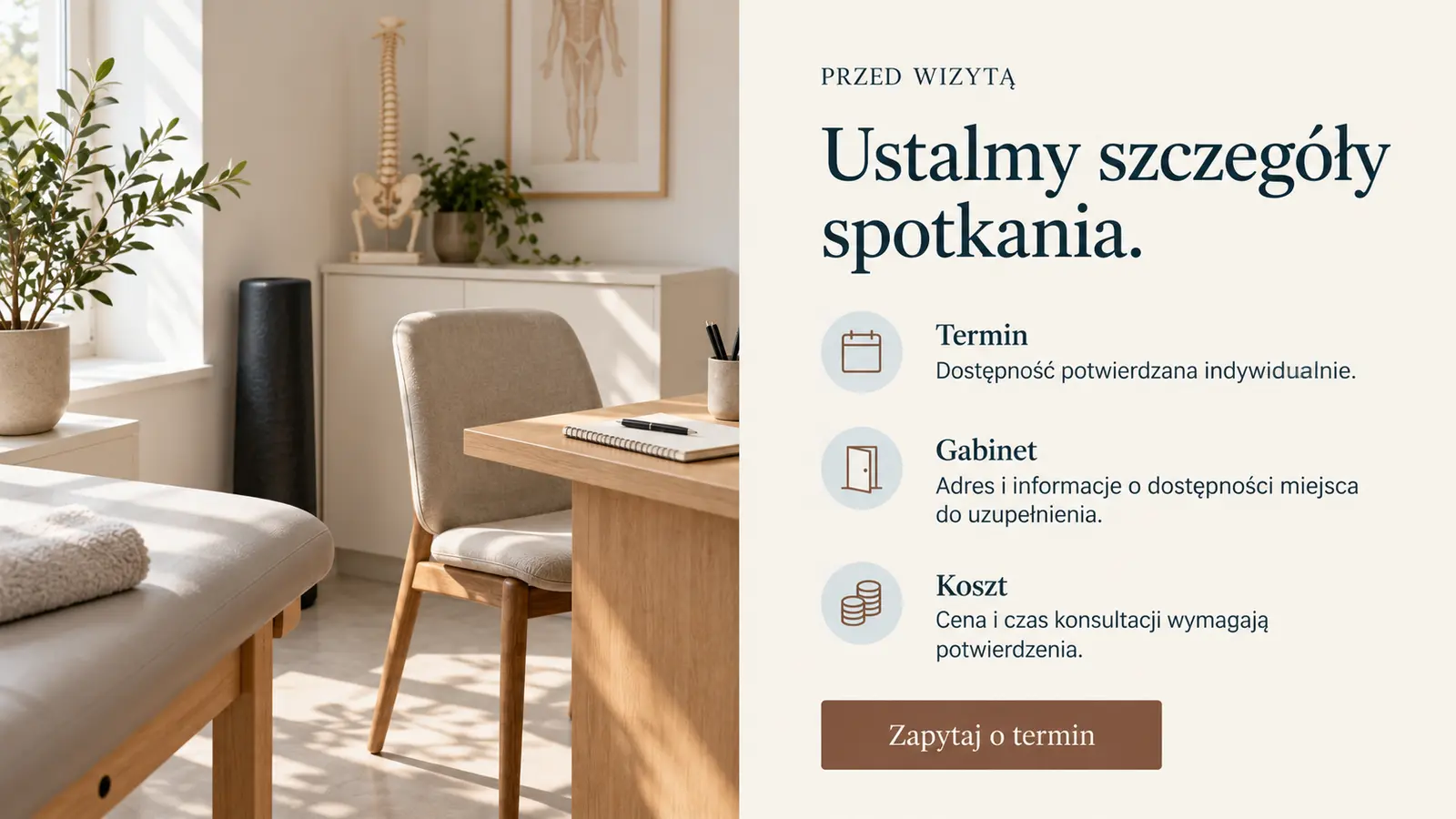 Projekt szablonu Ekspert dla fizjoterapeuty — sekcja Informacje organizacyjne