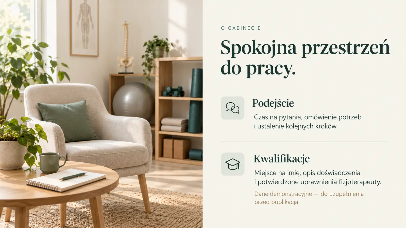 Projekt szablonu Klasyczny dla fizjoterapeuty — sekcja Podejście i kwalifikacje