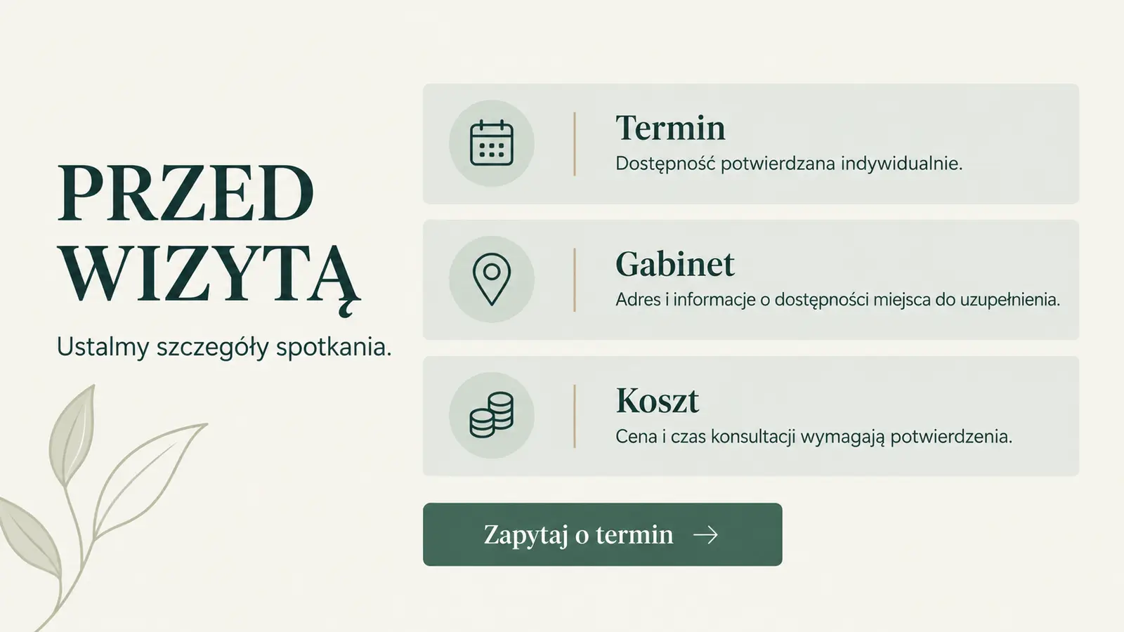 Projekt szablonu Klasyczny dla fizjoterapeuty — sekcja Informacje organizacyjne