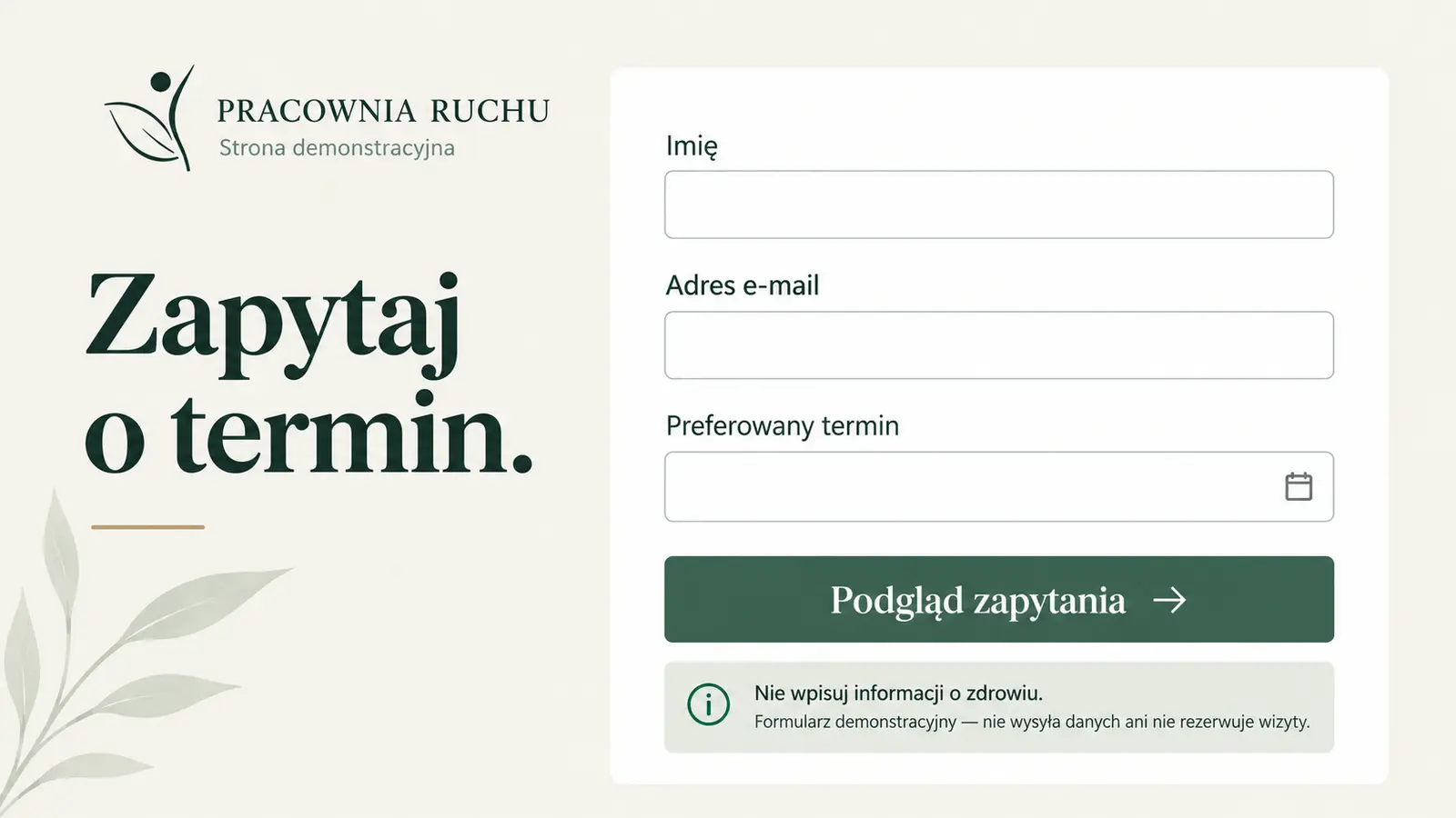 Projekt szablonu Klasyczny dla fizjoterapeuty — sekcja Zapytanie o termin
