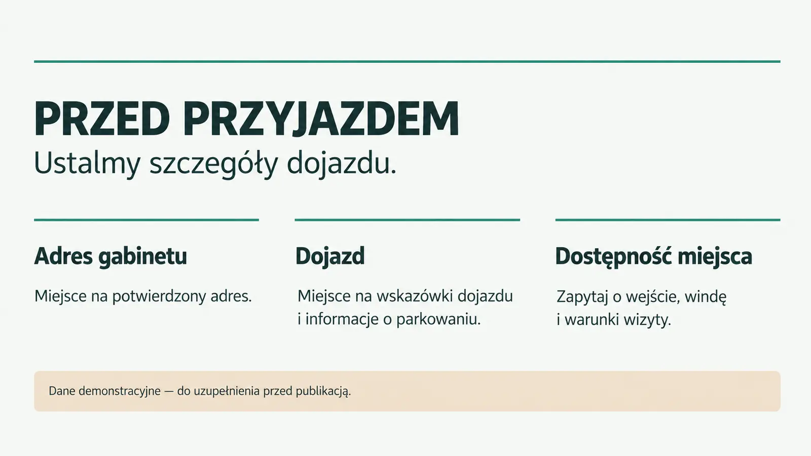 Projekt szablonu Lokalny dla fizjoterapeuty — sekcja Informacje o miejscu
