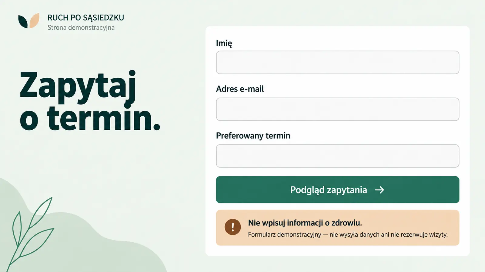 Projekt szablonu Lokalny dla fizjoterapeuty — sekcja Kontakt z gabinetem