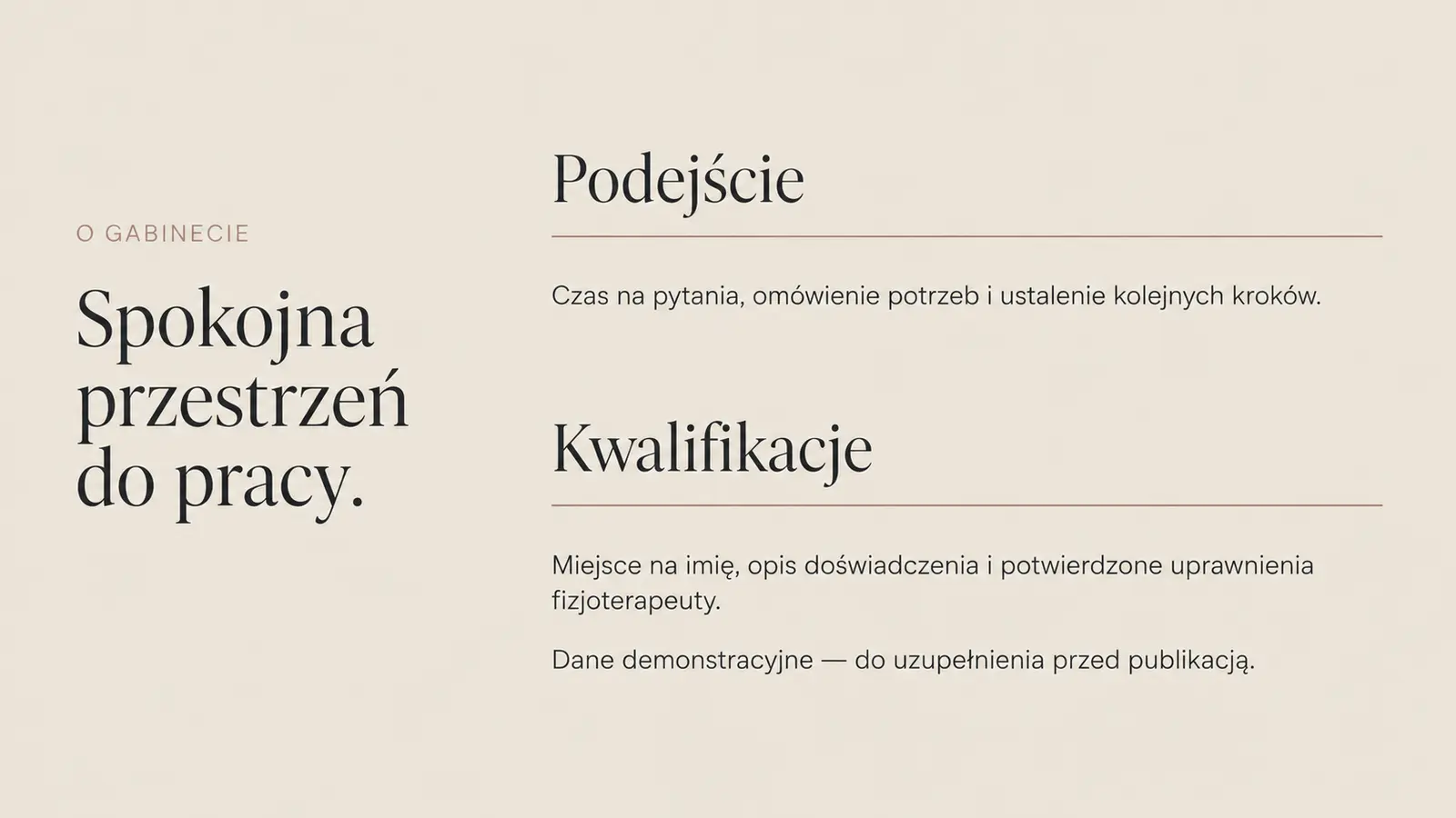 Projekt szablonu Premium dla fizjoterapeuty — sekcja Podejście i kwalifikacje