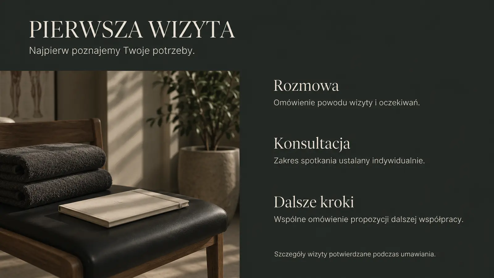 Projekt szablonu Premium dla fizjoterapeuty — sekcja Pierwsza wizyta