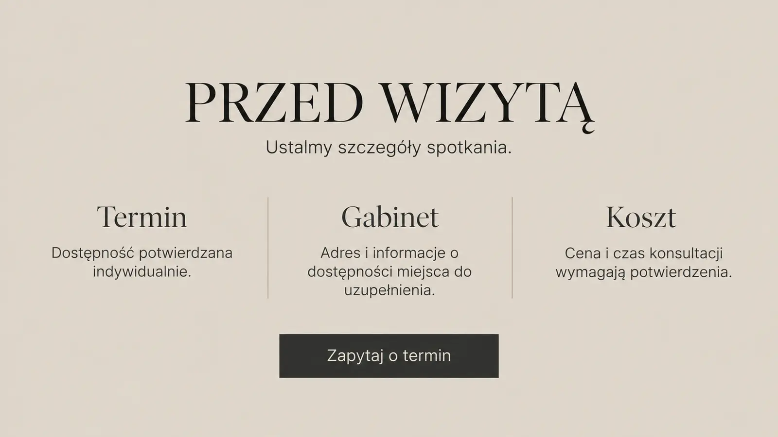 Projekt szablonu Premium dla fizjoterapeuty — sekcja Informacje organizacyjne