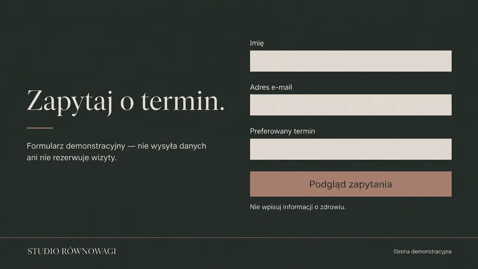 Projekt szablonu Premium dla fizjoterapeuty — sekcja Zapytanie o termin