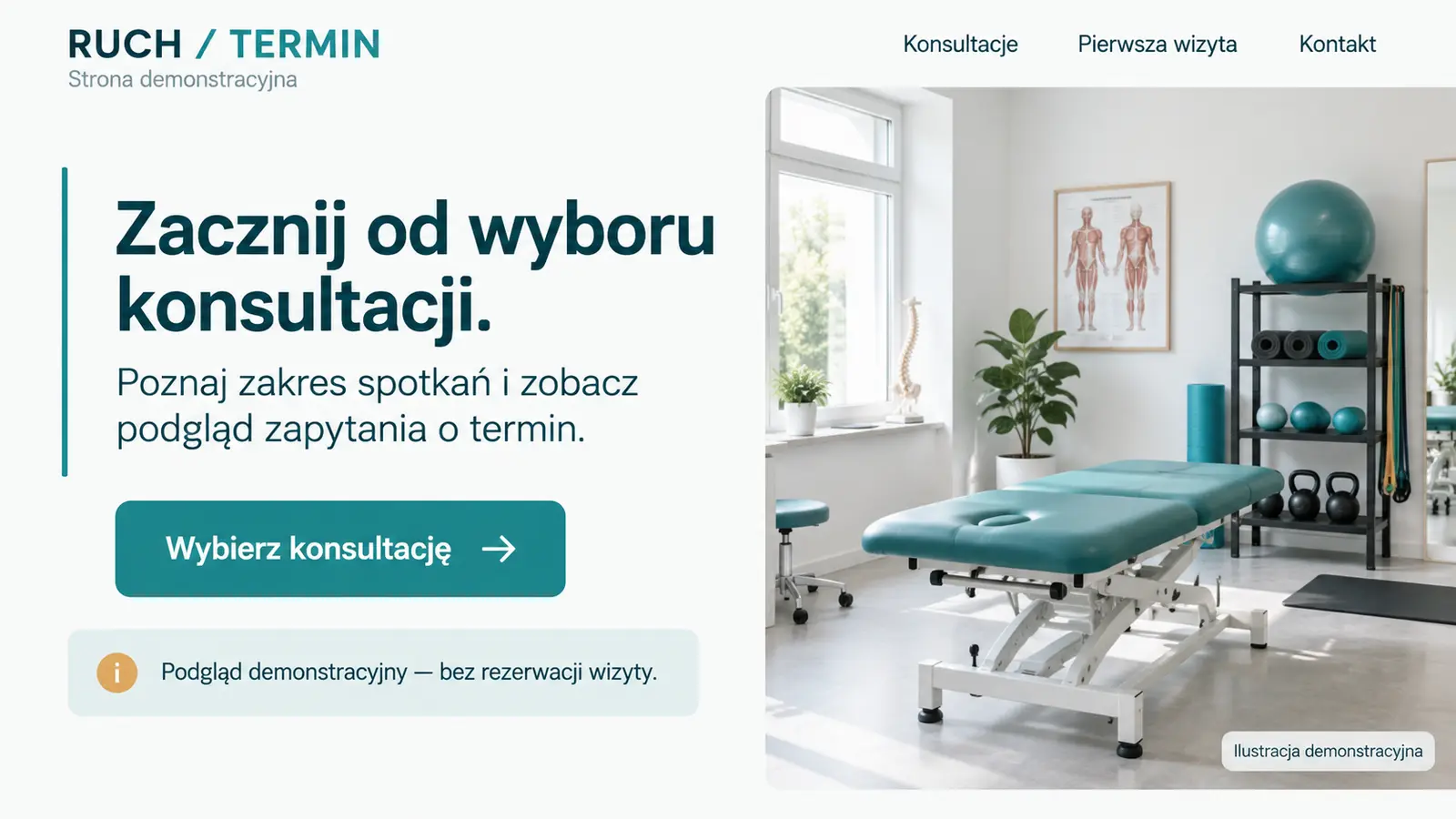 Projekt szablonu Rezerwacje dla fizjoterapeuty — sekcja Zaproszenie do wyboru terminu