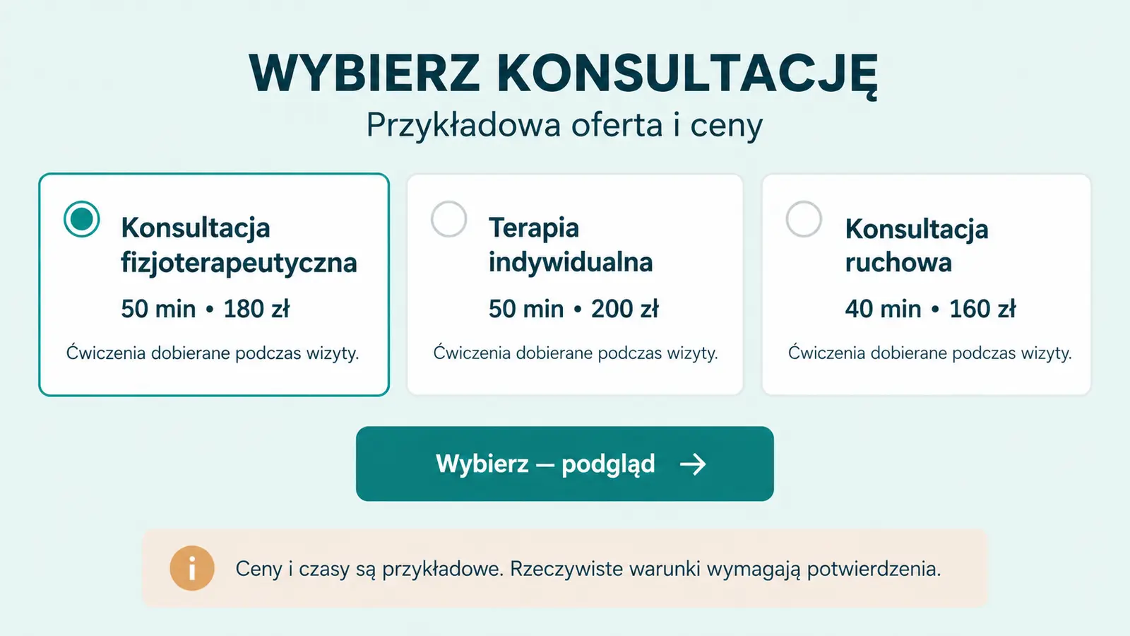 Projekt szablonu Rezerwacje dla fizjoterapeuty — sekcja Wybór konsultacji