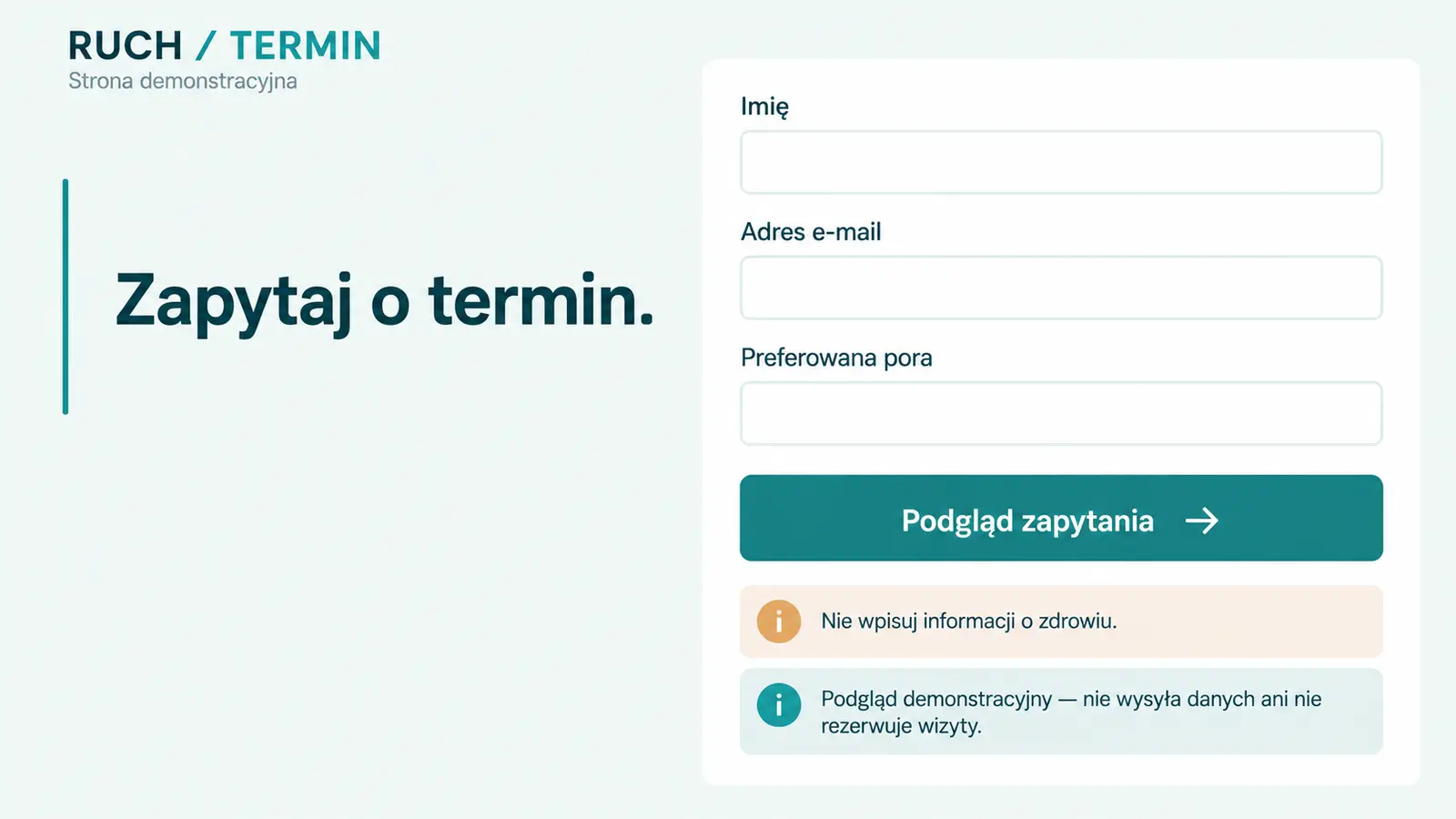 Projekt szablonu Rezerwacje dla fizjoterapeuty — sekcja Podgląd zapytania